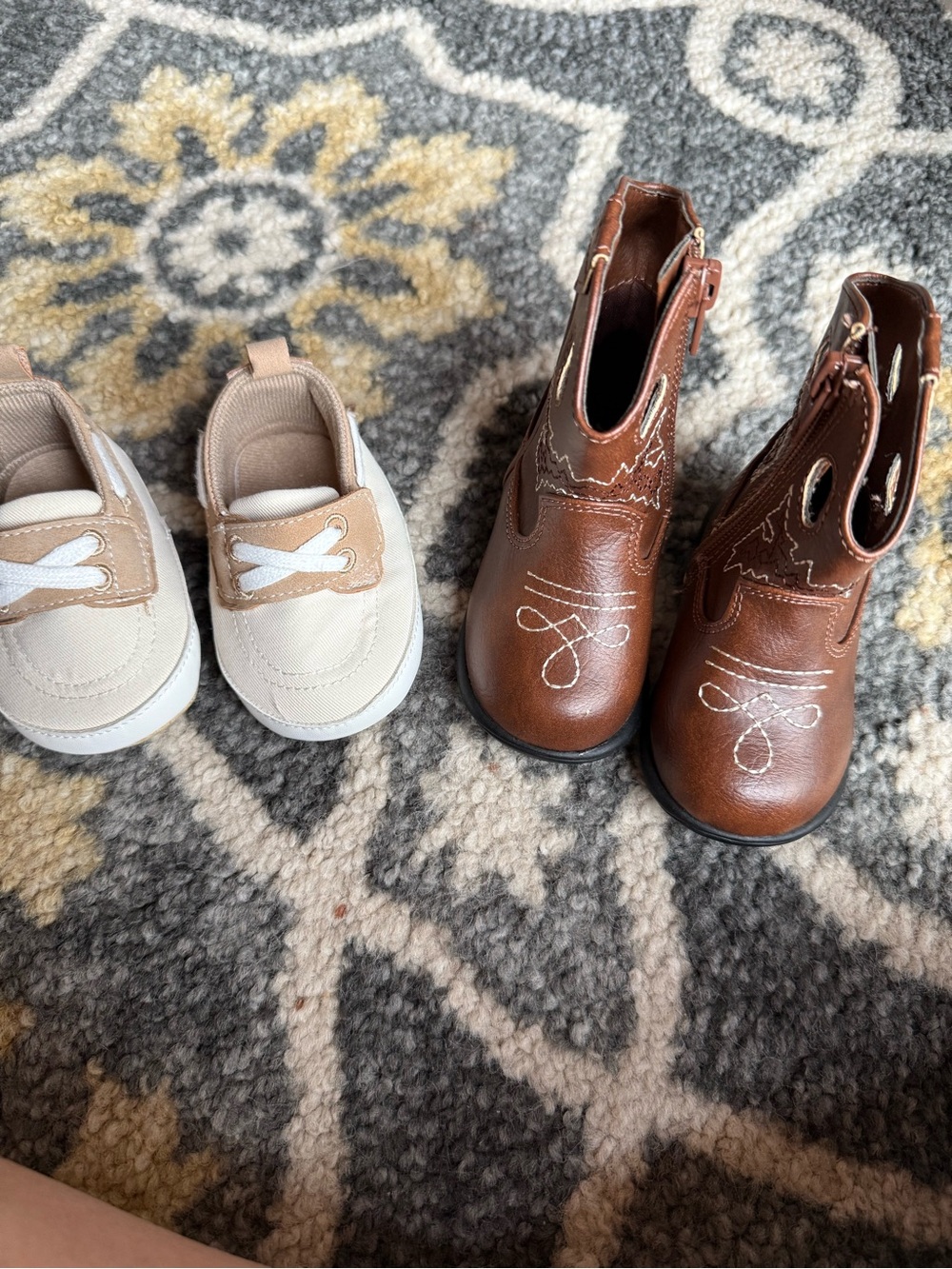 Baby Photo Bundle Set - Beige Slip-On Canvas Shoes & Brown Cowboy Boots Set